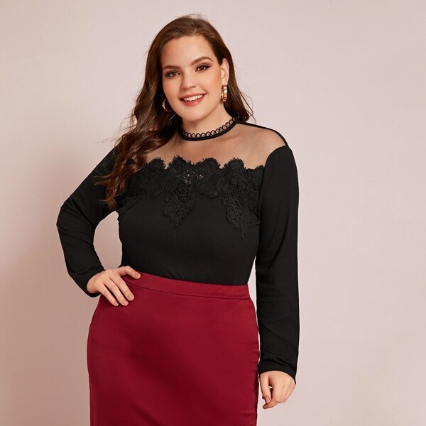

Plus Mesh Yoke Lace Appliques Top, Black