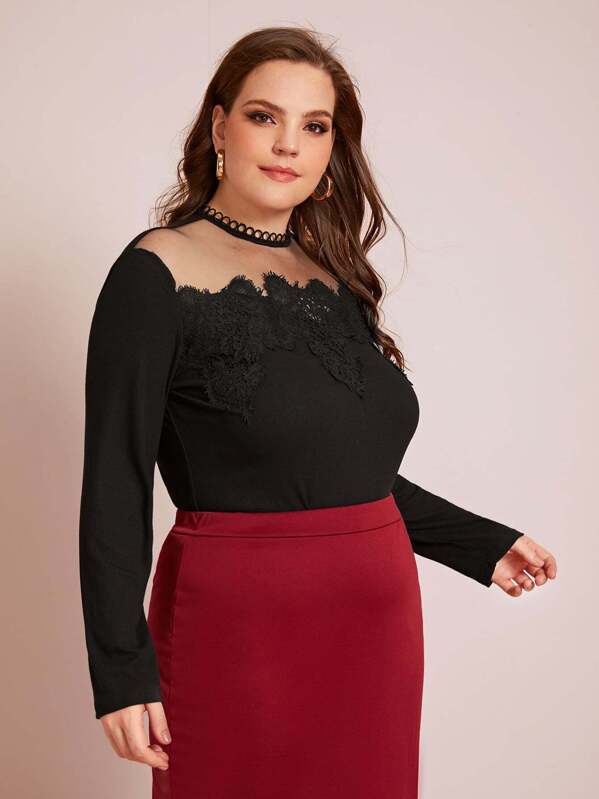 

Plus Mesh Yoke Lace Appliques Top, Black, Ella