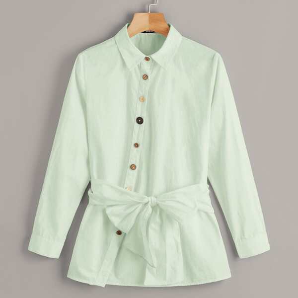 

Asymmetrical Single Breasted Tie Front Shirt, Green pastel