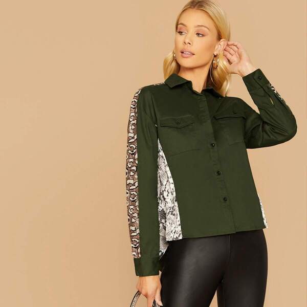 

Contrast Sequin Snakeskin Print Blouse, Army green