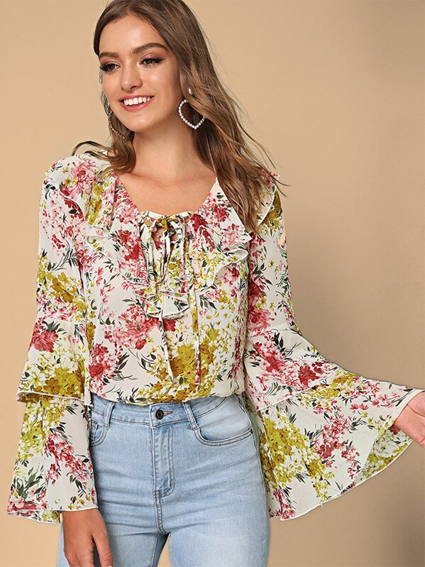 

Ruffle Trim Layered Bell Sleeve Floral Print Top, Multicolor, Luiza