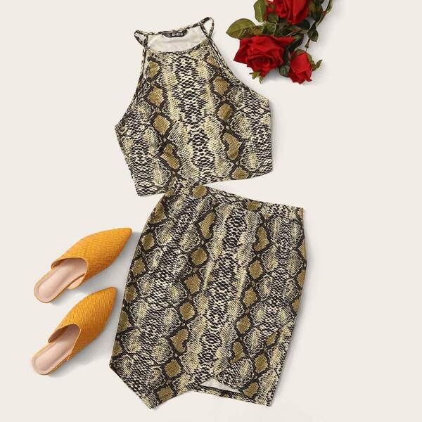 

Snakeskin Print Cami Top & Asymmetrical Hem Skirt Set, Multicolor