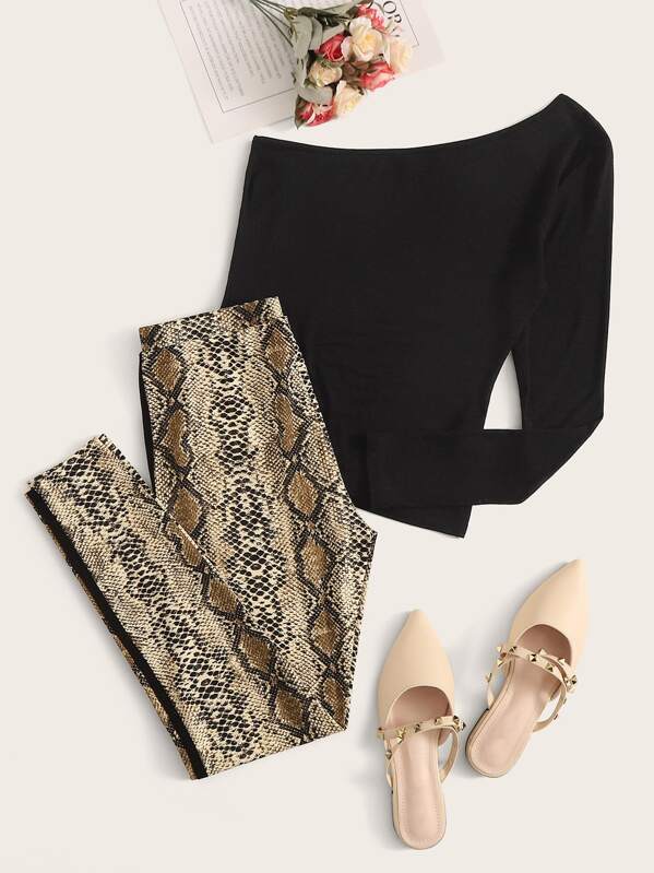 

One Shoulder Top & Tape Side Snakeskin Leggings Set, Multicolor