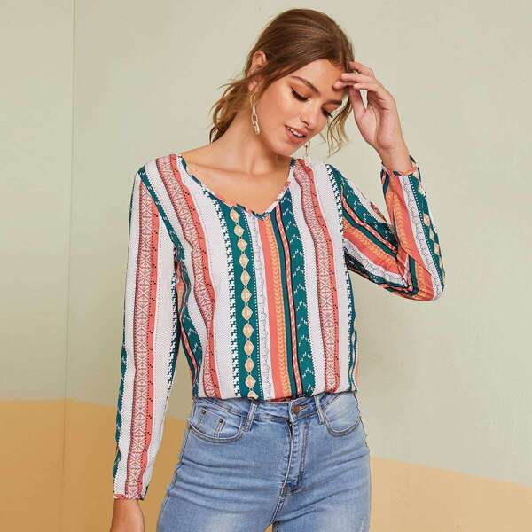 

V-neck Tribal Print Top, Multicolor