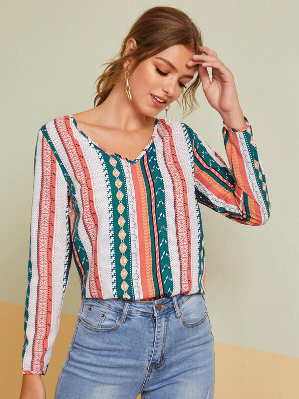 

V-neck Tribal Print Top, Multicolor, Luiza
