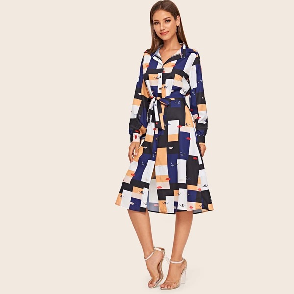 

Geo Pattern Self Tie Shirt Dress, Multicolor