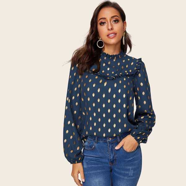 

Metallic Dot Print Frill Trim Lantern Sleeve Top, Navy blue