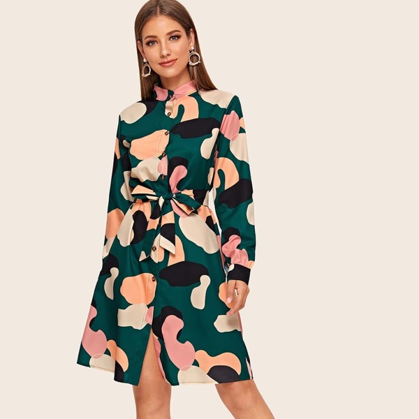 

Graphic Self Tie Shirt Dress, Multicolor