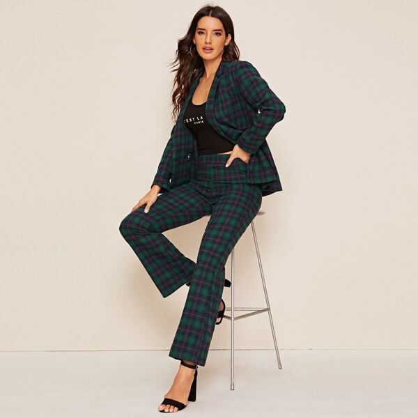 

Tartan Print Double Breasted Blazer and Flare Leg Pants Set, Green