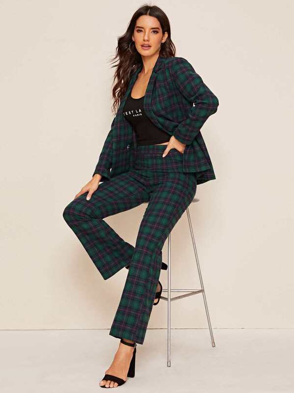 

Tartan Print Double Breasted Blazer and Flare Leg Pants Set, Green, Juliana