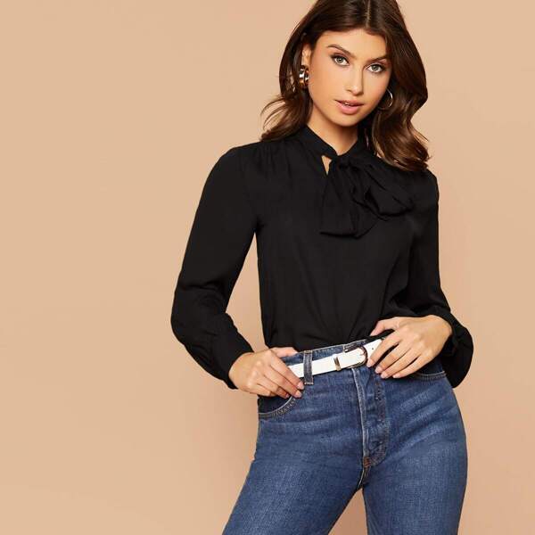 

Solid Tie Neck Top, Black