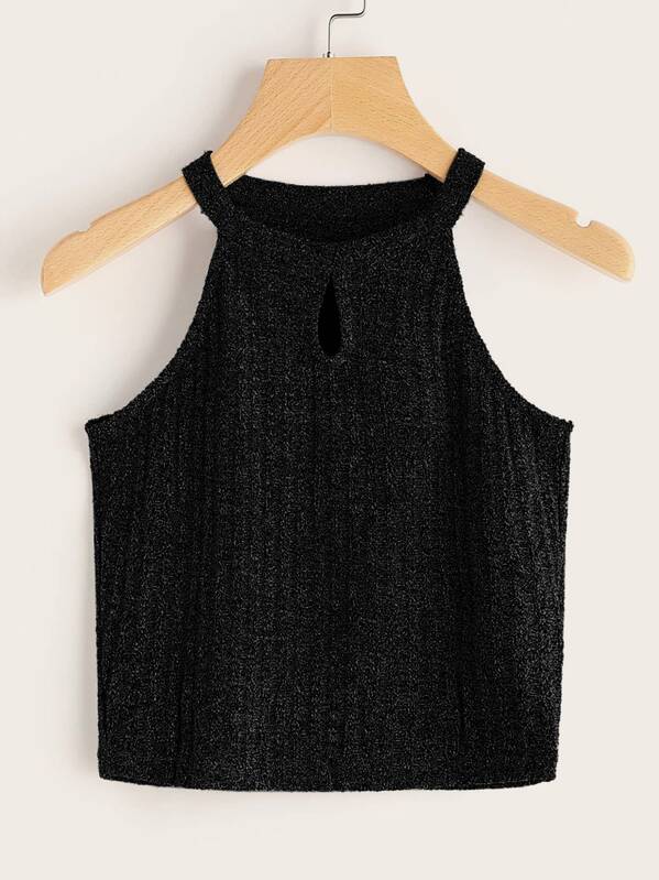 

Keyhole Front Rib-knit Halter Top, Black