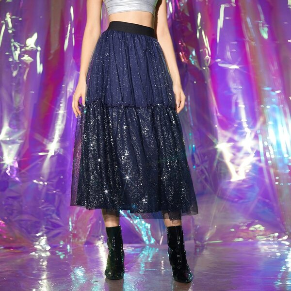 

Sparkly Glitter Overlay Mesh Flared Skirt