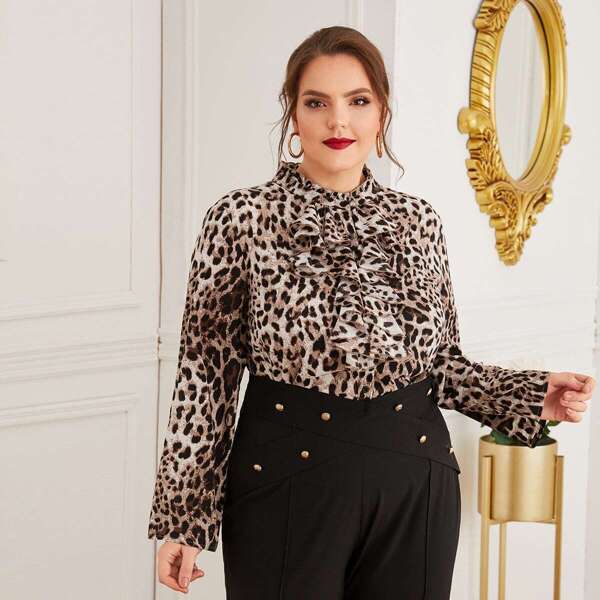 

Plus Leopard Print Ruffle Trim Top, Multicolor