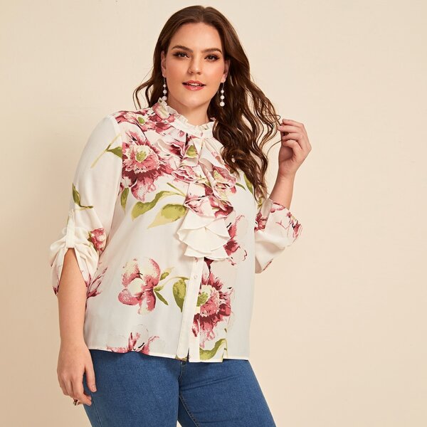 

Plus Roll Tab Sleeve Ruffle Trim Floral Print Blouse, Beige