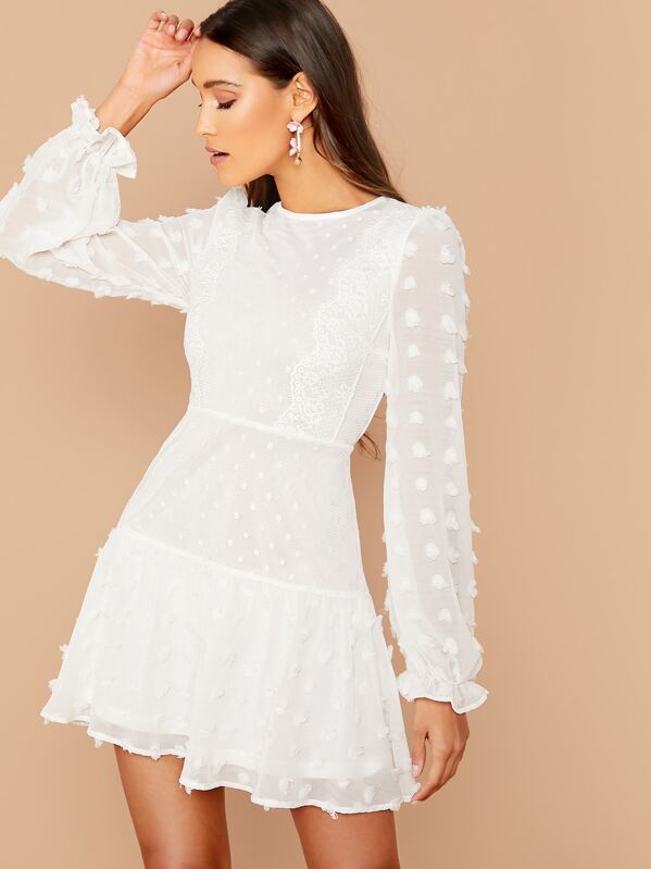 

3D Appliques Ruffle Hem Flare Dress, White, Anna Herrin