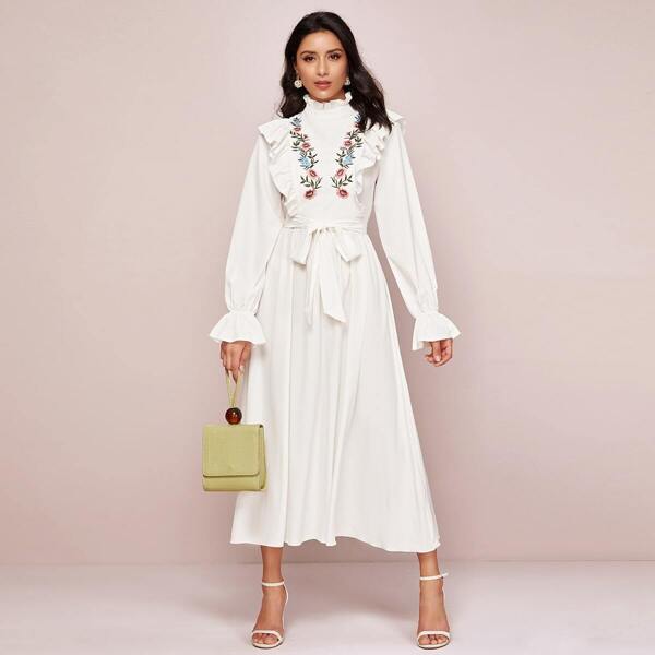 

Ruffle Trim Embroidery Front Self Belted Dress, White