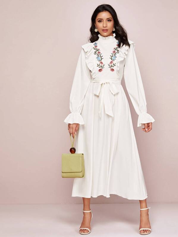 

Ruffle Trim Embroidery Front Self Belted Dress, White, Jessica B