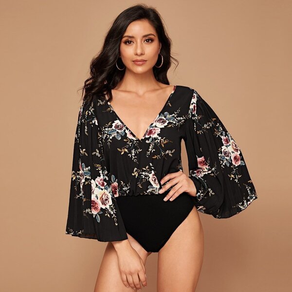 

Botanical Print Tie Back Exaggerate Bell Sleeve Bodysuit, Black