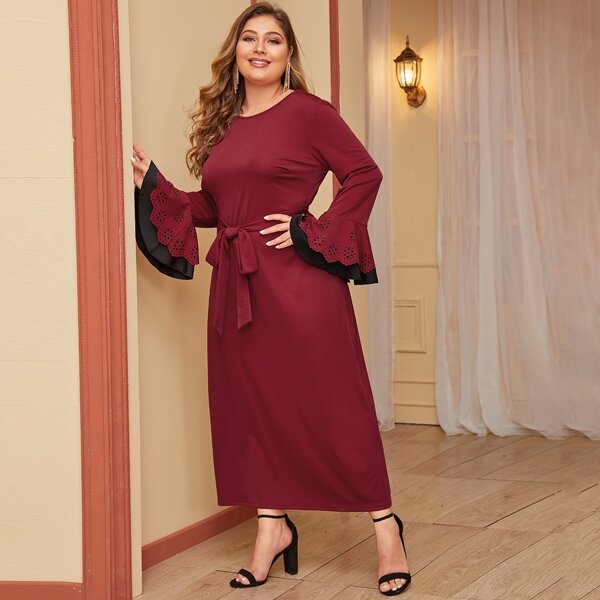 

Plus Laser Cut Ruffle Cuff Belted Dress, Burgundy