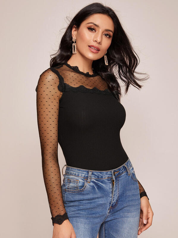 

Keyhole Back Mesh Insert Rib-knit Bodysuit, Black, Jessica B