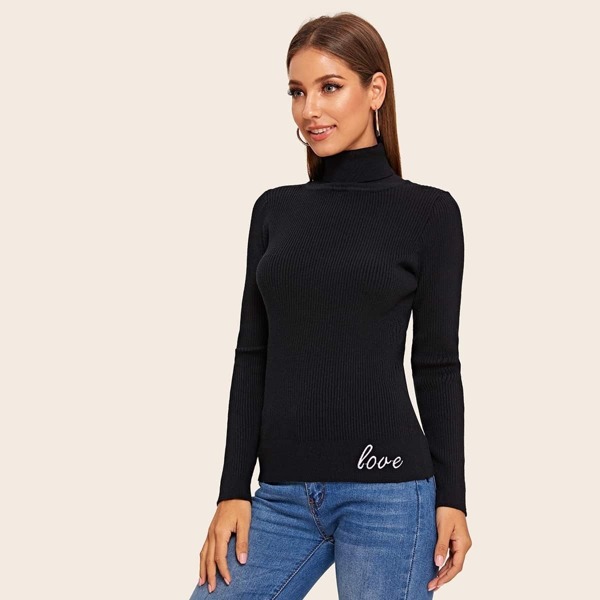 

Letter Embroidered High Neck Sweater, Black