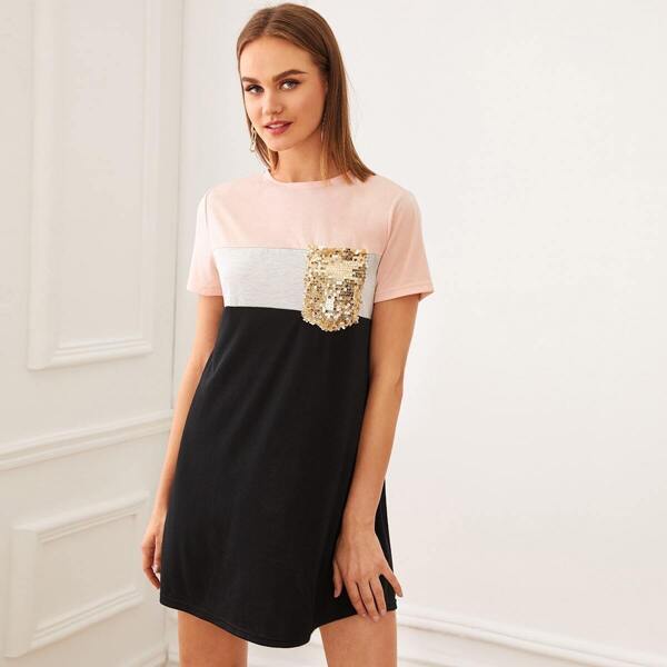 

Contrast Sequin Pocket Colorblock Tee Dress