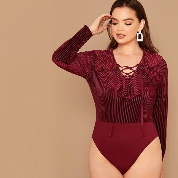 

Plus Lace Up Front Ruffle Detail Velvet Bodysuit, Burgundy