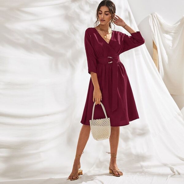 

Surplice Wrap D-ring Belted Dress, Burgundy