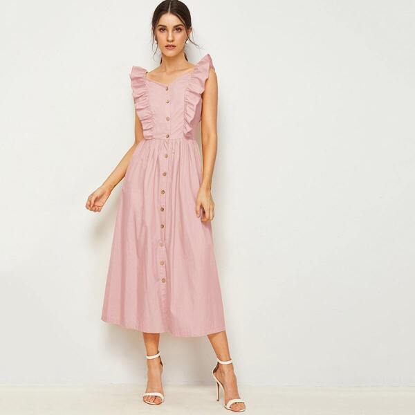 

Ruffle Trim Button Up Dress, Pink pastel