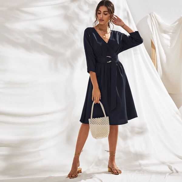 

Surplice Neck D-ring Belted Dress, Navy