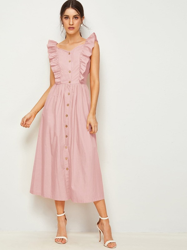 

Ruffle Trim Button Up Dress, Pink, Vikie