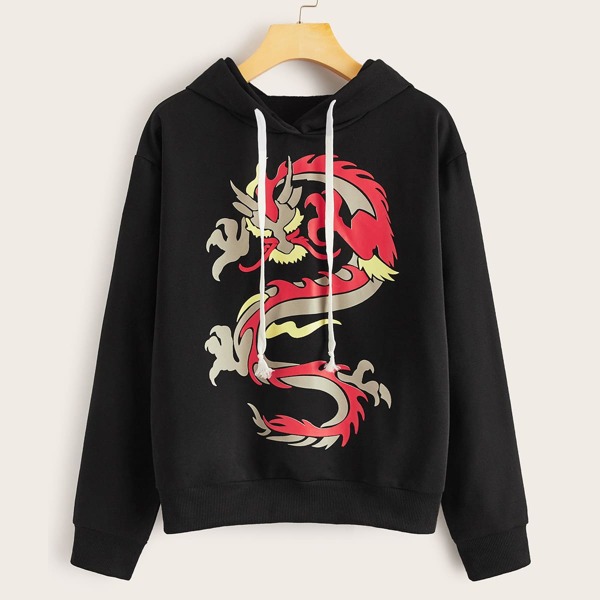 

Dragon Print Drawstring Hooded Sweatshirt, Black