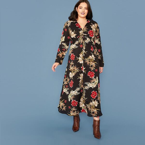 

Plus Twist Front Floral Print Dress, Black