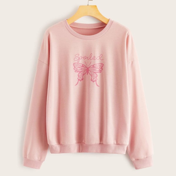 

Butterfly & Letter Print Drop Shoulder Sweatshirt, Pink