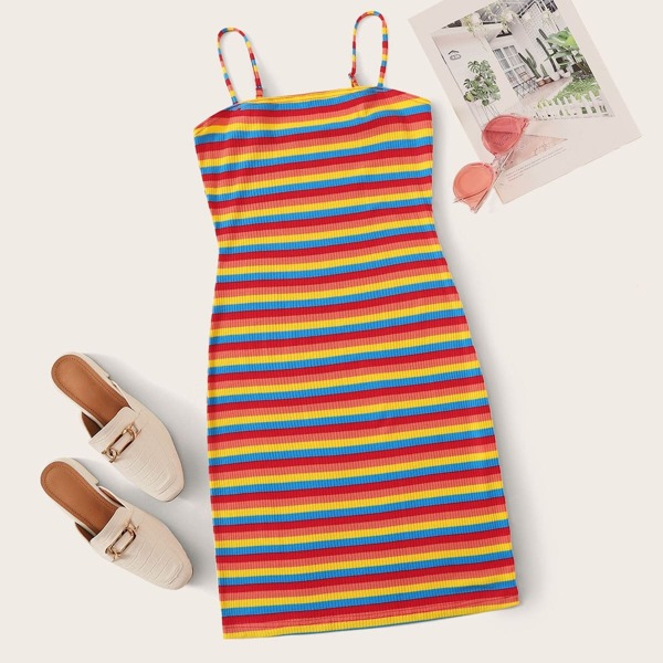 

Rainbow Striped Ribbed Mini Dress, Multicolor bright