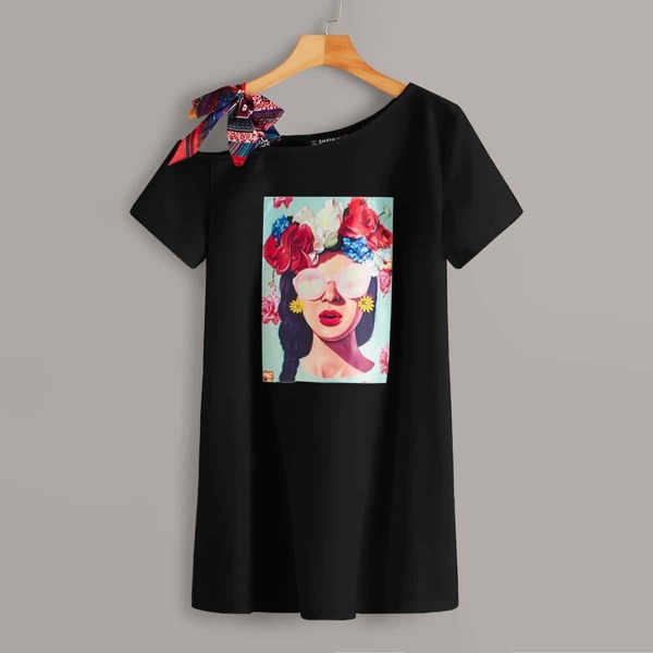 

Knot Strap Asymmetrical Neck Figure Print Dress, Black