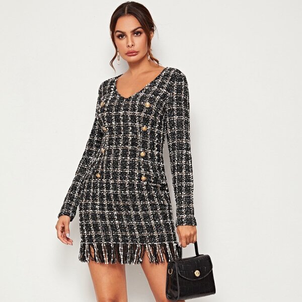 

Double Gold Breasted Raw Hem Plaid Tweed Dress, Black and white