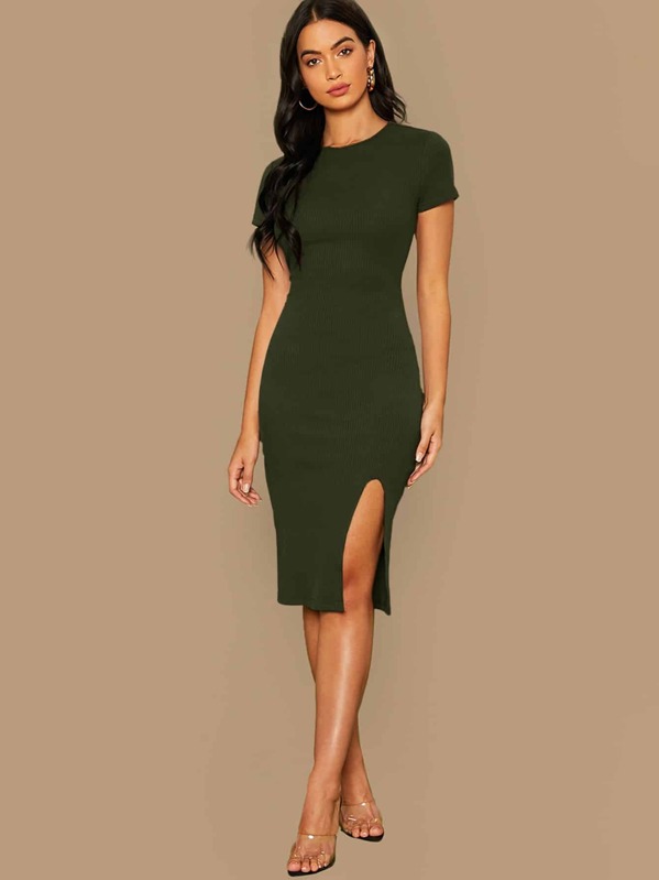 

Split Hem Rib-knit Pencil Dress, Army green, Rona Mahal