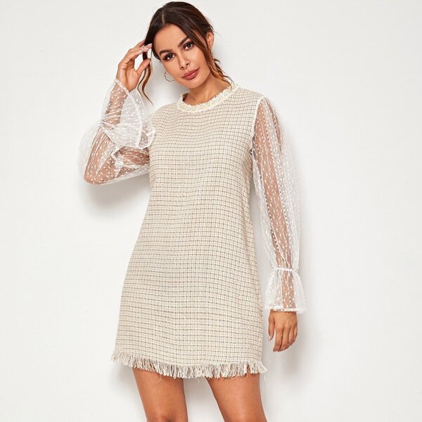 

Embroidery Mesh Sleeve Raw Hem Tweed Dress, Beige pastel