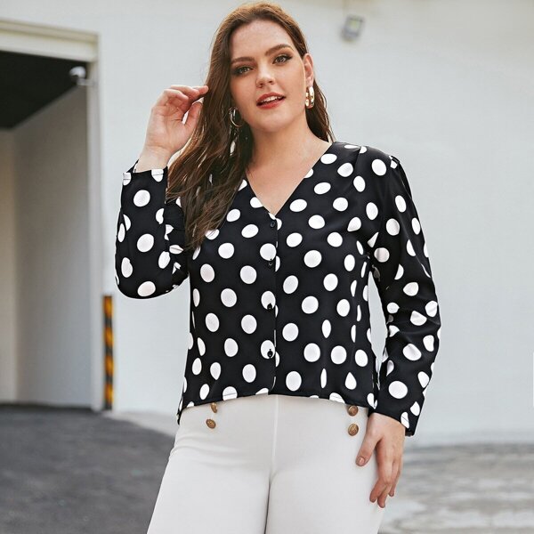 

Plus Polka Dot Puff Sleeve Blouse, Black and white