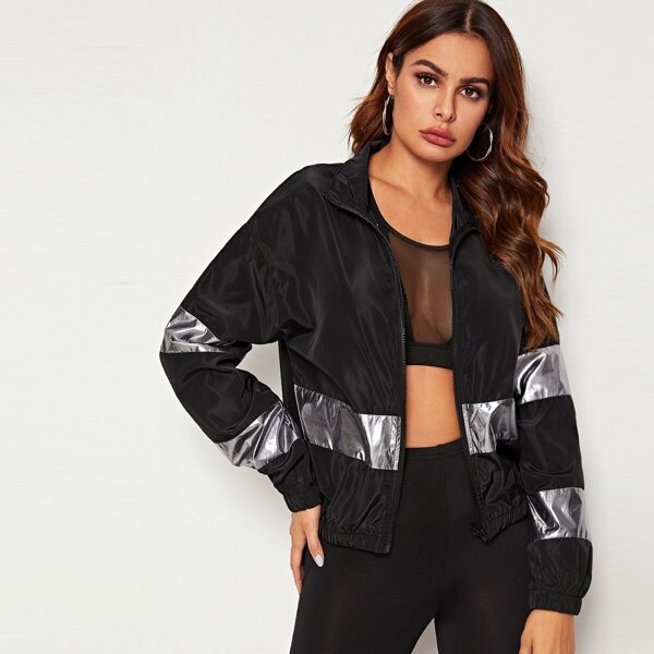 

Zip Up Metallic Panel Wind Jacket, Black