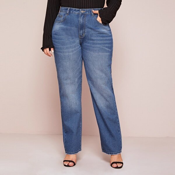 

Plus Washed Button Fly Straight Jeans, Blue
