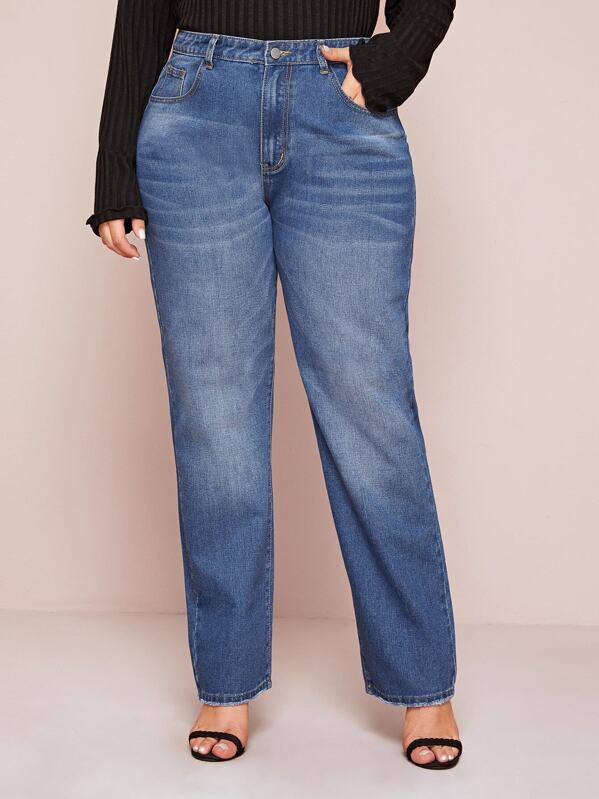 

Plus Washed Button Fly Straight Jeans, Blue, Carol