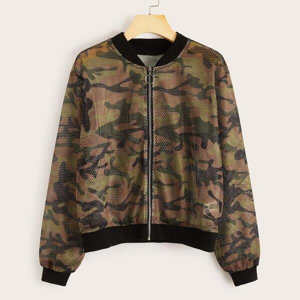 

Camo Print Mesh Overlay Zipper Up Bomber Jacket, Multicolor