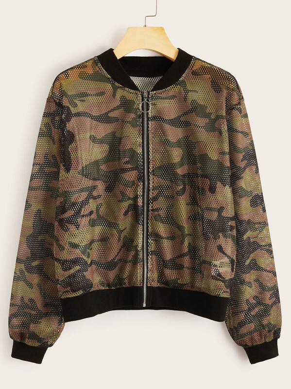 

Camo Print Mesh Overlay Zipper Up Bomber Jacket, Multicolor, Rona Mahal