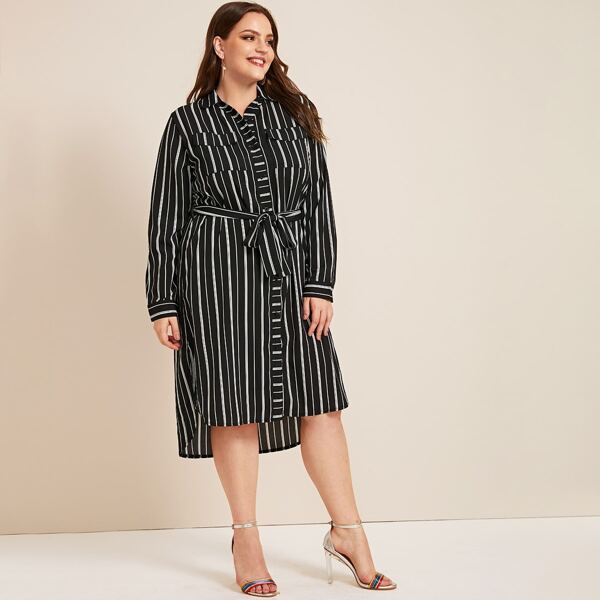 

Plus Striped High Low Belted Shirt Dress, Black and white