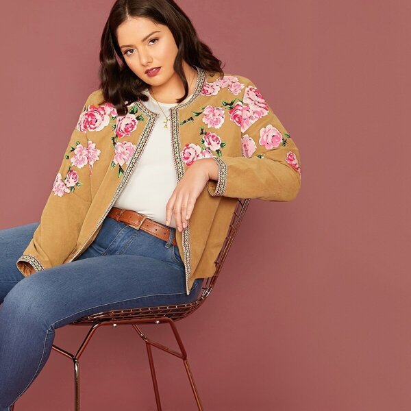 

Plus Contrast Aztec Tape Floral Print Jacket, Camel