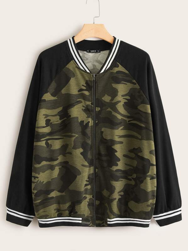 

Plus Striped Trim Camo Print Baseball Jacket, Multicolor, Faith Bowman