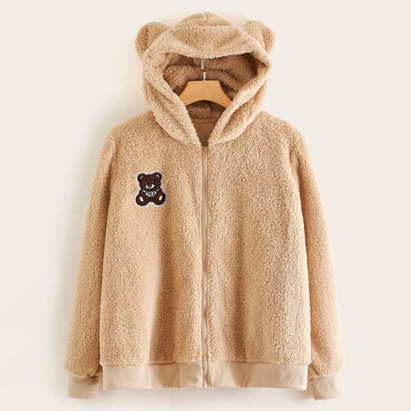

Plus Bear Embroidered Fuzzy Ear Teddy Jacket, Beige